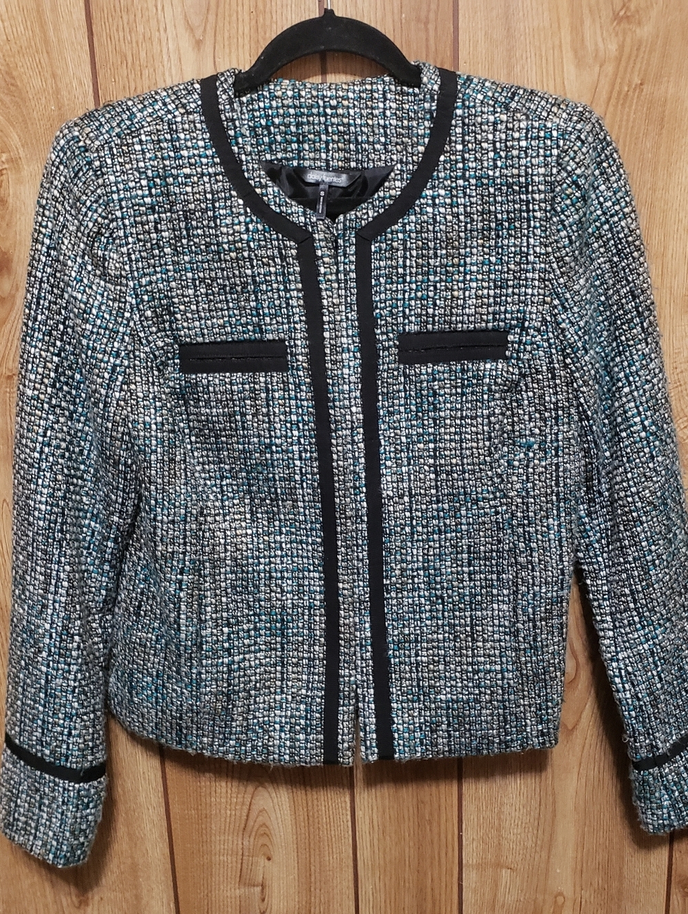 Daisy Fuentes Womens Blazer Sz S Blue Black Tweed Hook Closure Waist Length